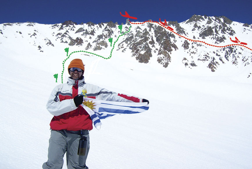 Con rojo el punto de impacto del avión y el tobogán, con verde la expedición homenaje invernal